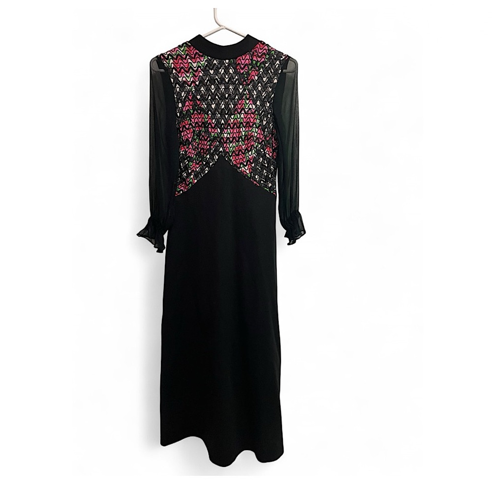 Vintage 1970s Embroidered Black & Pink Long sleeved Maxi Dress